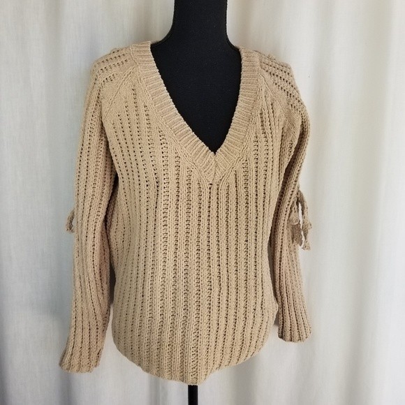 JELLA C. cold shoulder v-neck chenille  sweater tan camel S - Picture 1 of 10